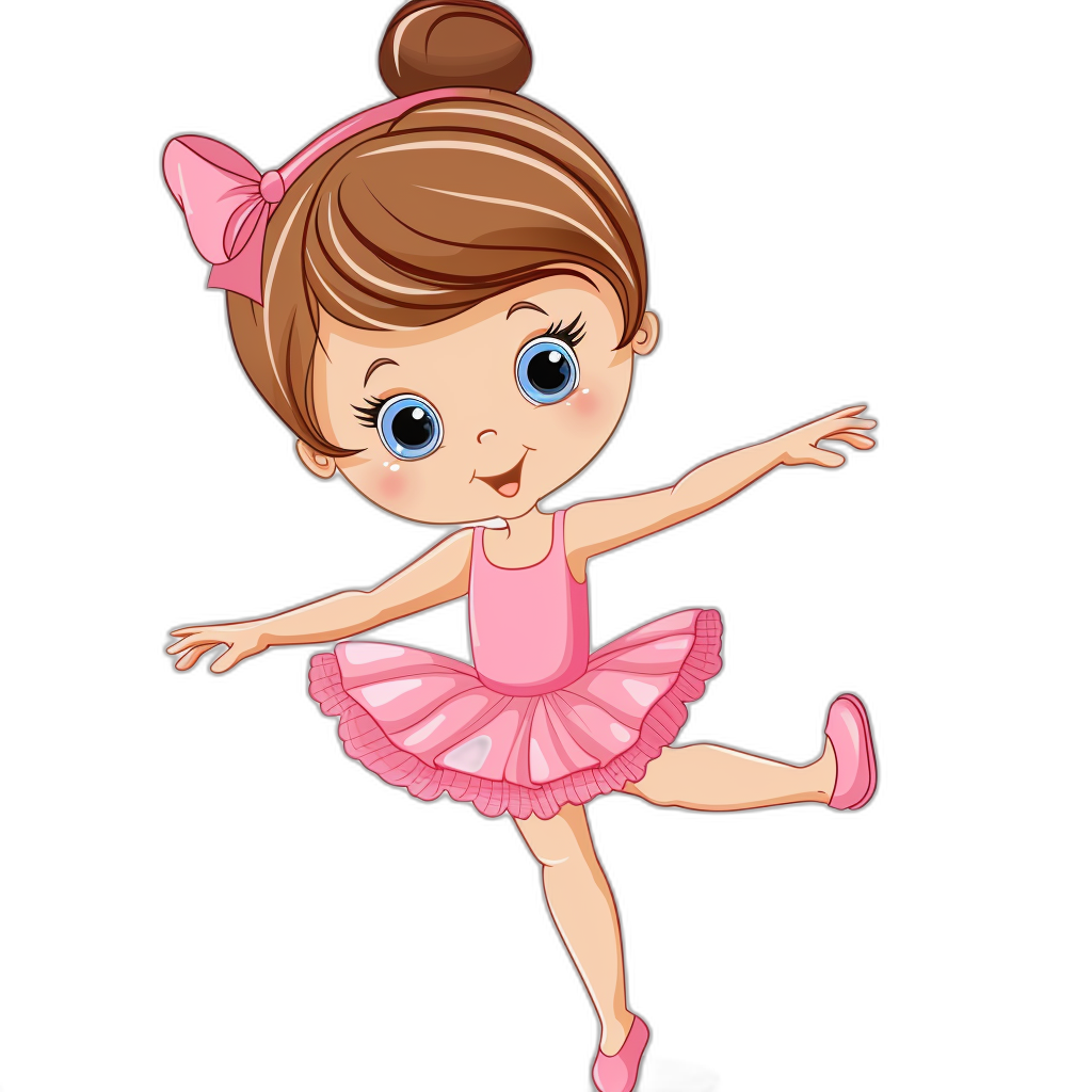 A cute cartoon baby girl ballerina in pink dress with big blue eyes, dancing on black background vector Illustration clipart