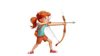 A cartoon of a girl with red hair in a ponytail, wearing a blue shirt and orange shorts holding a bow and arrow shooting arrows from the side view on a black background, in the style of Pixar.