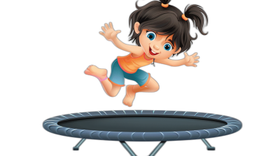 A cute little girl is jumping on the trampoline in the style of a cartoon, with simple lines on a black background. The image is high quality, high resolution, and high in detail.