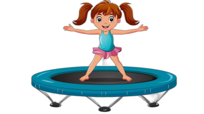 A cartoon girl is jumping on the trampoline, vector illustration, flat style, black background, simple lines, full body shot, cute face, brown hair with two pigtails tied in ponytails. She wears blue top and pink skirt, white shoes, hands spread out to balance while she jumps high off of ground. The bottom half of her legs has short dark red shorts underneath for protection from sharp edges or other objects that could get stuck under them. Her eyes have wide open look at camera