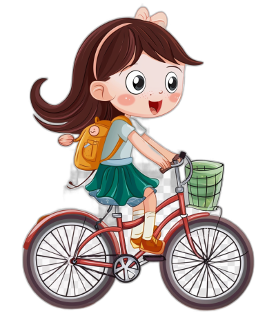 A cute little girl is riding her bicycle, wearing a school uniform and backpack with a green basket on the front of the bike. She has big eyes, long brown hair in pigtails and wears red sneakers with thick soles. The illustration style should be cartoonish and colorful, with an isolated black background and no shadow, in the style of a clipart design.