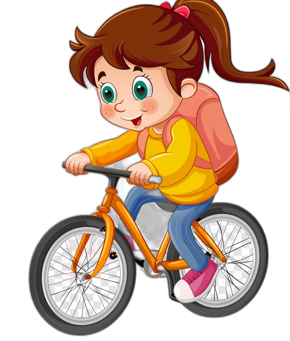 A cute cartoon girl riding her bicycle with an orange backpack in the style of clip art on a black background.