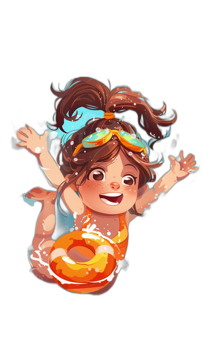 Cute cartoon girl swimming, wearing an inflatable ring and smiling happily. She has brown hair tied in two pigtails with a blue headband on her forehead. Black background. Cartoon style with bright colors, exaggerated expressions, and high saturation of the character. In the style of .