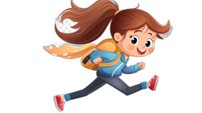 A cartoon girl is running with brown hair tied in a ponytail and a blue jacket. She is carrying a school bag on a black background. She has red shoes and a happy expression. The illustration style features bright colors and exaggerated movements in the style of cartoon character design for children's book illustrations.