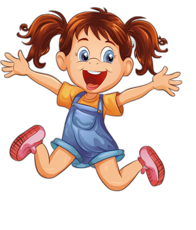 a cute cartoon girl with pigtails in overalls jumping and smiling, vector art on black background