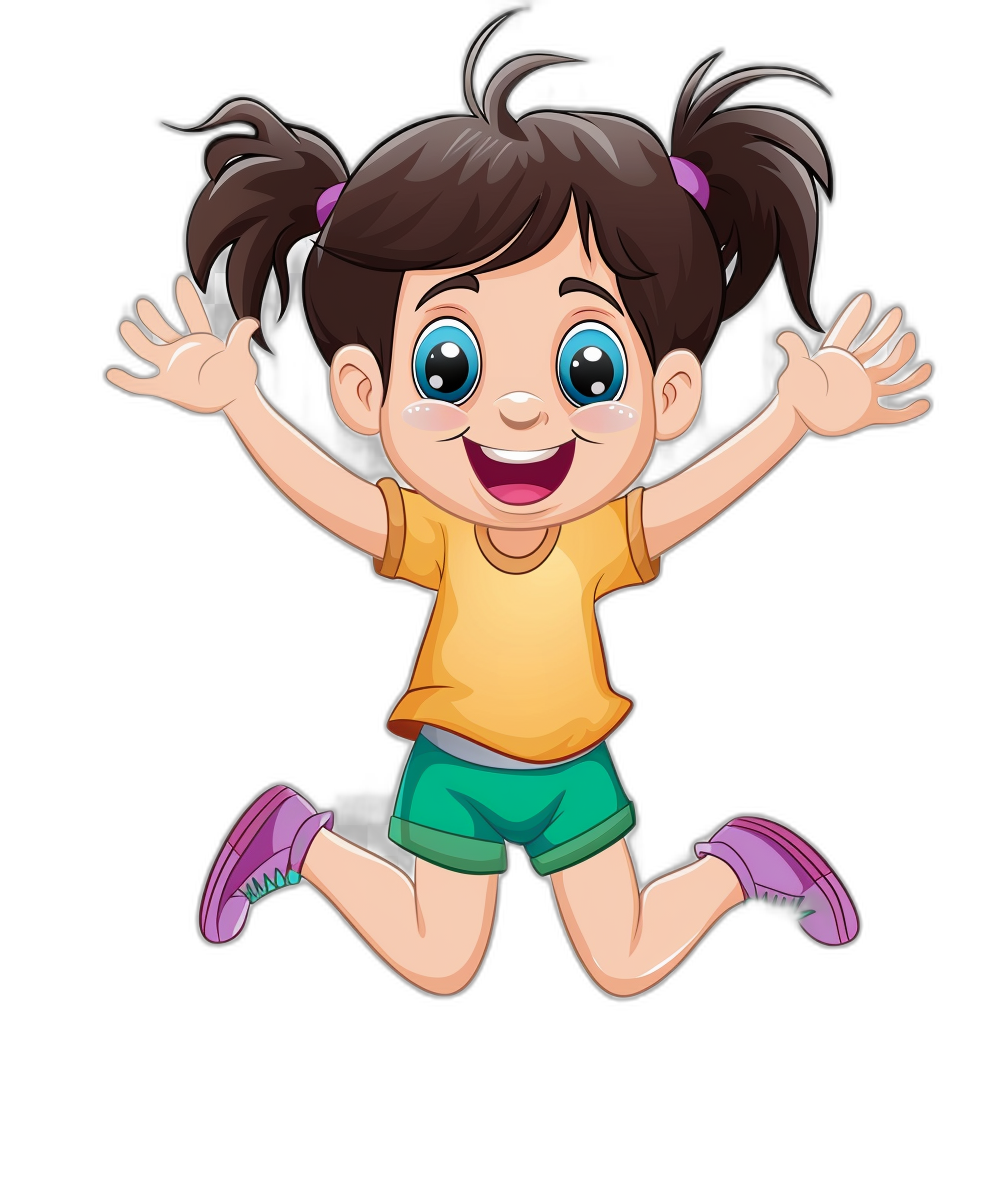 a cute happy girl cartoon vector illustration jumping with black background, png transparent or white background