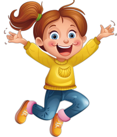 A cartoon girl is jumping up with her hands raised, wearing yellow long sleeves and a blue jeans, smiling happily. She has brown hair tied in two ponytails on the sides of her head, white teeth, big eyes, bright colors, exaggerated movements, black background. She is drawn in the style of typical cartoons with simple bright colors and exaggerated features on a plain black background.