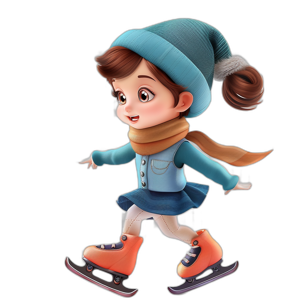 3D cartoon, happy little girl ice skating on black background, in the style of Pixar, adorable eyes, lovely, very detailed photo, high resolution, high quality