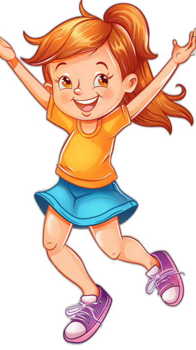 A cartoon girl is jumping, wearing an orange T-shirt and blue skirt with purple shoes on her feet. She has long red hair tied in pigtails, big eyes, smiling face, and a happy expression. This is a full body shot with a simple, solid black background. The illustration style is in the vector style with simple lines and colorful colors. It is high definition, high resolution, and high detail with the best quality.