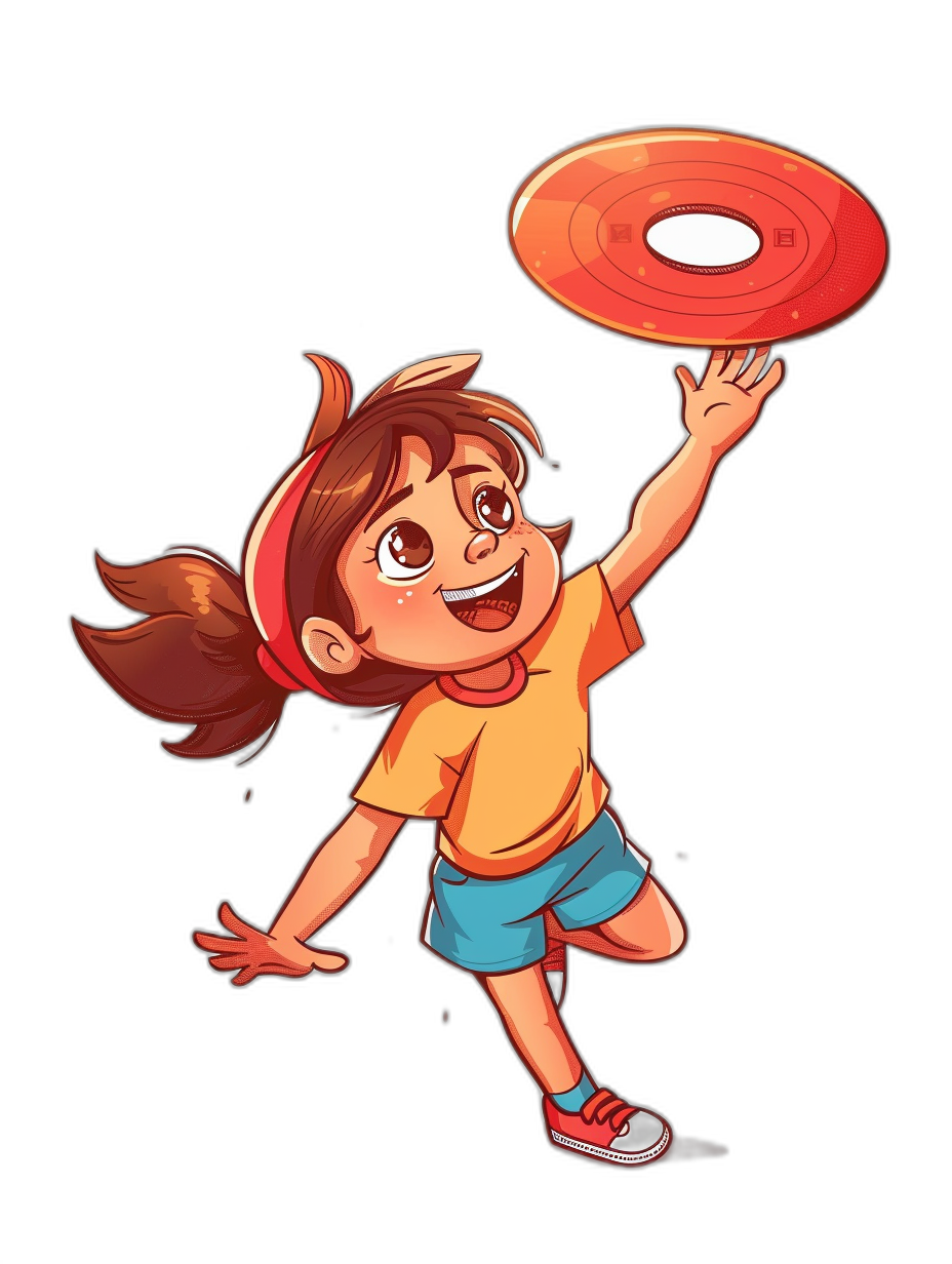 A cartoon girl is playing frisbee in a flat illustration style with a solid color background using vector graphics on a black background with bright colors creating a lively and cheerful atmosphere as a full body portrait of the character at a high resolution. The little boy has brown hair with a red headband on his forehead, wearing an orange t-shirt and blue shorts. He holds up one hand to throw a frisbee in front view in the style of sandy. She wears sneakers, smiling brightly while having fun doing sports in  for girls.