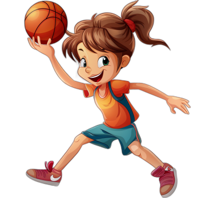 cartoon style of a happy girl playing basketball, vector illustration, clip art for stickers, black background, in the style of cartoon realism