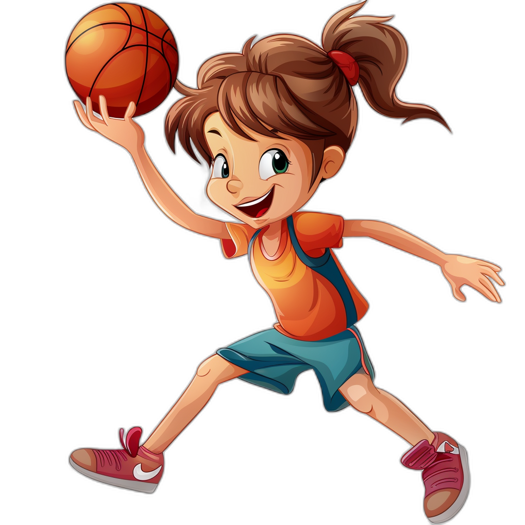 cartoon style of a happy girl playing basketball, vector illustration, clip art for stickers, black background, in the style of cartoon realism