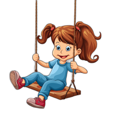 a cute cartoon girl sitting on the swing, she is wearing blue top and pants with red shoes, clip art style isolated black background