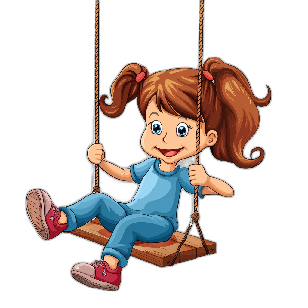 a cute cartoon girl sitting on the swing, she is wearing blue top and pants with red shoes, clip art style isolated black background