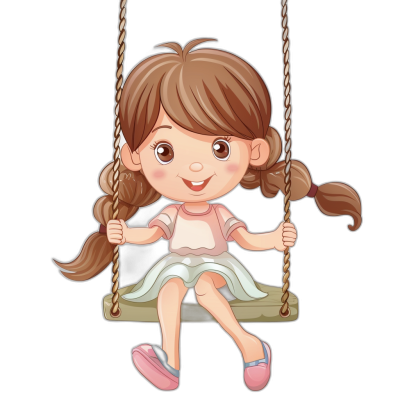 A cute little girl sitting on the swing with a happy expression. This is a simple flat style illustration with a black background and cartoon character design. She has pink shoes, brown hair, and wears a white skirt. Her eyes are big in the style of a cartoon character. This is a full body portrait cartoon in high definition resolution with high detail.