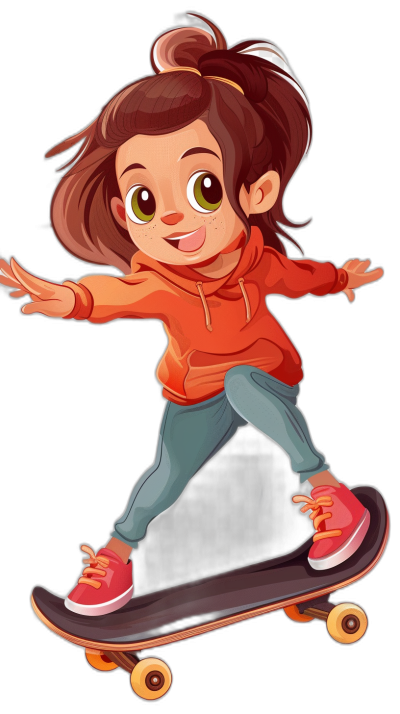 A cute cartoon girl is skateboarding against a black background with a flat illustration style. She has brown hair in an updo hairstyle, wearing red sneakers, blue jeans, and an orange hoodie. She has big eyes, long eyelashes, a happy expression, and high-definition details in her .