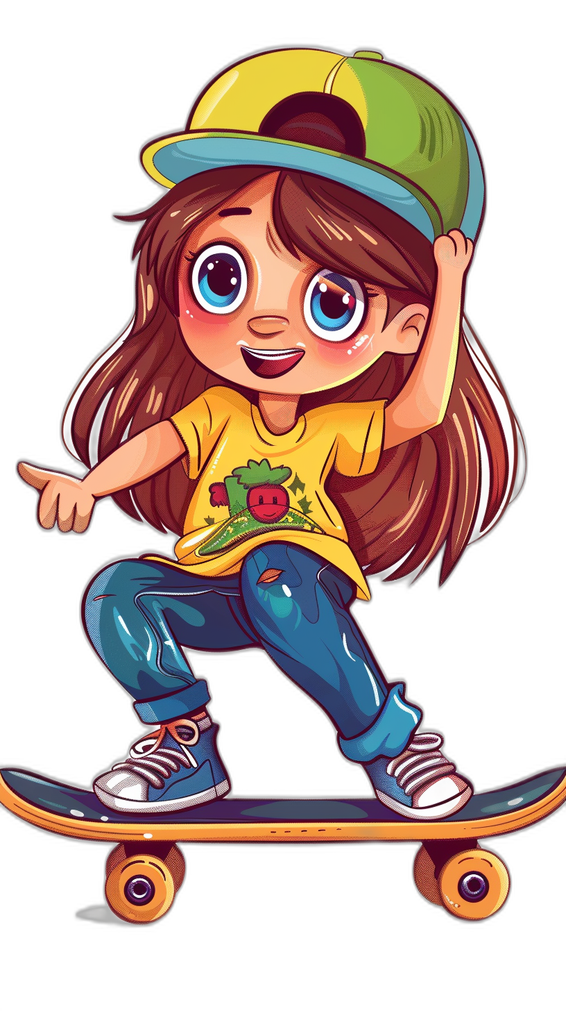 Cute cartoon girl on skateboard, vector illustration, solid black background, t-shirt design, happy and cheerful, cute character design, wearing baseball cap with green brim and yellow shirt, long brown hair, big blue eyes, smiling expression, skateboarding pose, colorful and vibrant colors, high resolution