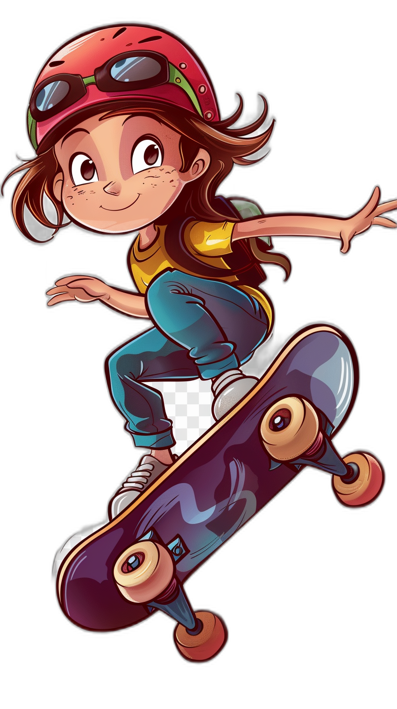 cartoon girl with skateboard, wearing a red helmet and blue shirt, in the style of a cartoon, vector illustration, black background, full body shot, flying on the right side of the skate board, cartoon character design sheet, 2d game art, cute cartoon design, colorful color palette, high resolution