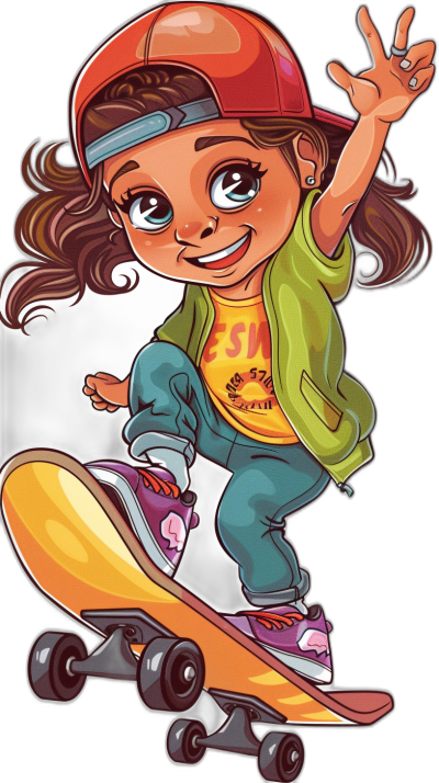 A cute girl is skateboarding, wearing a cap and T-shirt with cartoon vector illustrations on a black background. She has big eyes, long brown hair, pink shoes, a green jacket, a yellow skateboard and an orange helmet. The sticker should have bold outlines for easy cutout, in vibrant colors, and have clear details to make it stand out from the background. It's great as an avatar or profile picture in the style of vector illustrations.