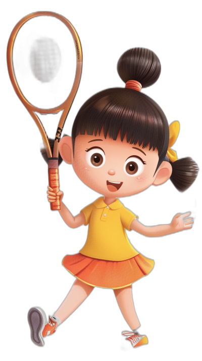 A cute girl holding a tennis racket, wearing yellow and orange short sleeves with pigtails on her head, in the style of Pixar character design sheet of characters on a black background, full body shot.