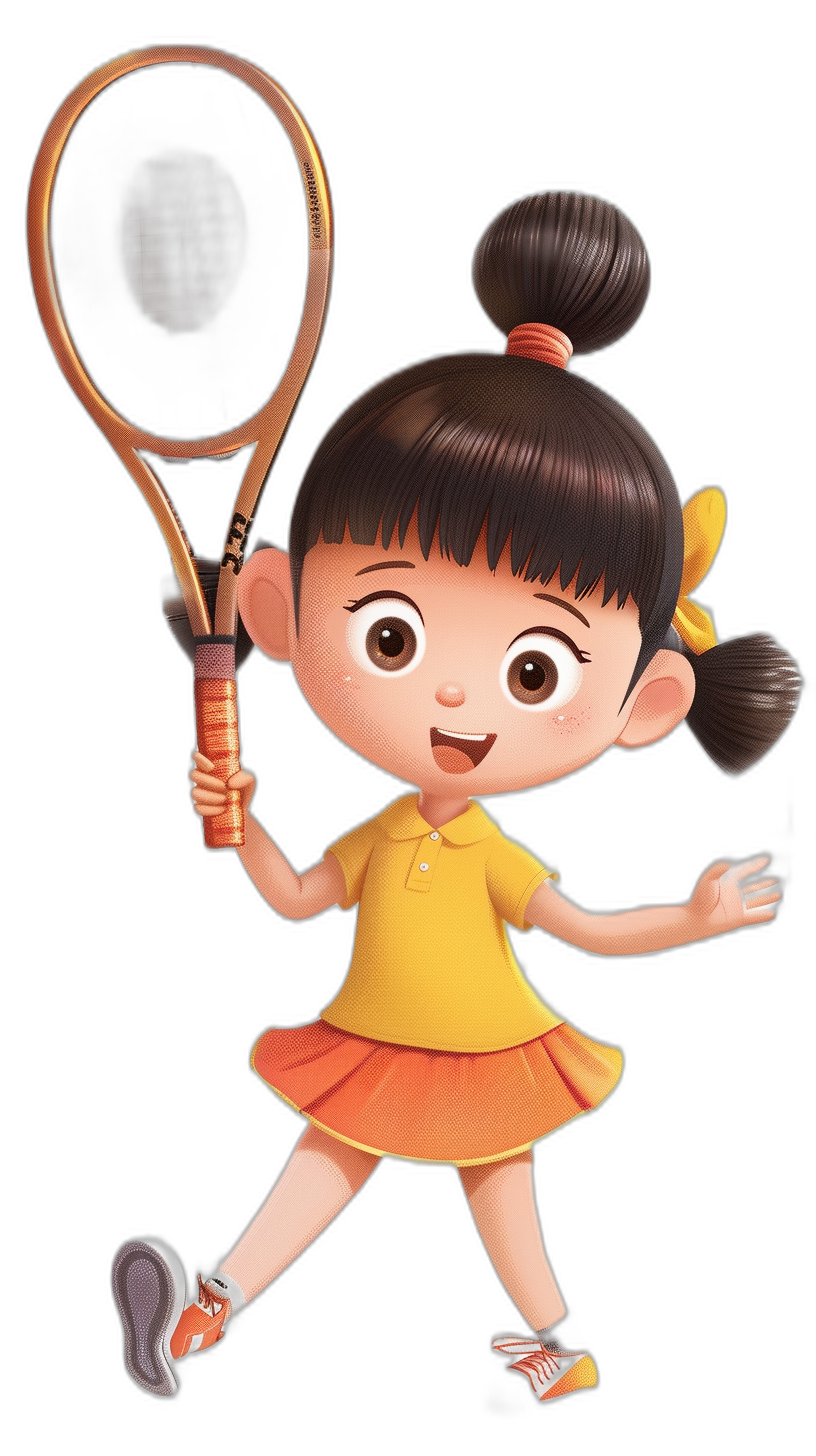 A cute girl holding a tennis racket, wearing yellow and orange short sleeves with pigtails on her head, in the style of Pixar character design sheet of characters on a black background, full body shot.