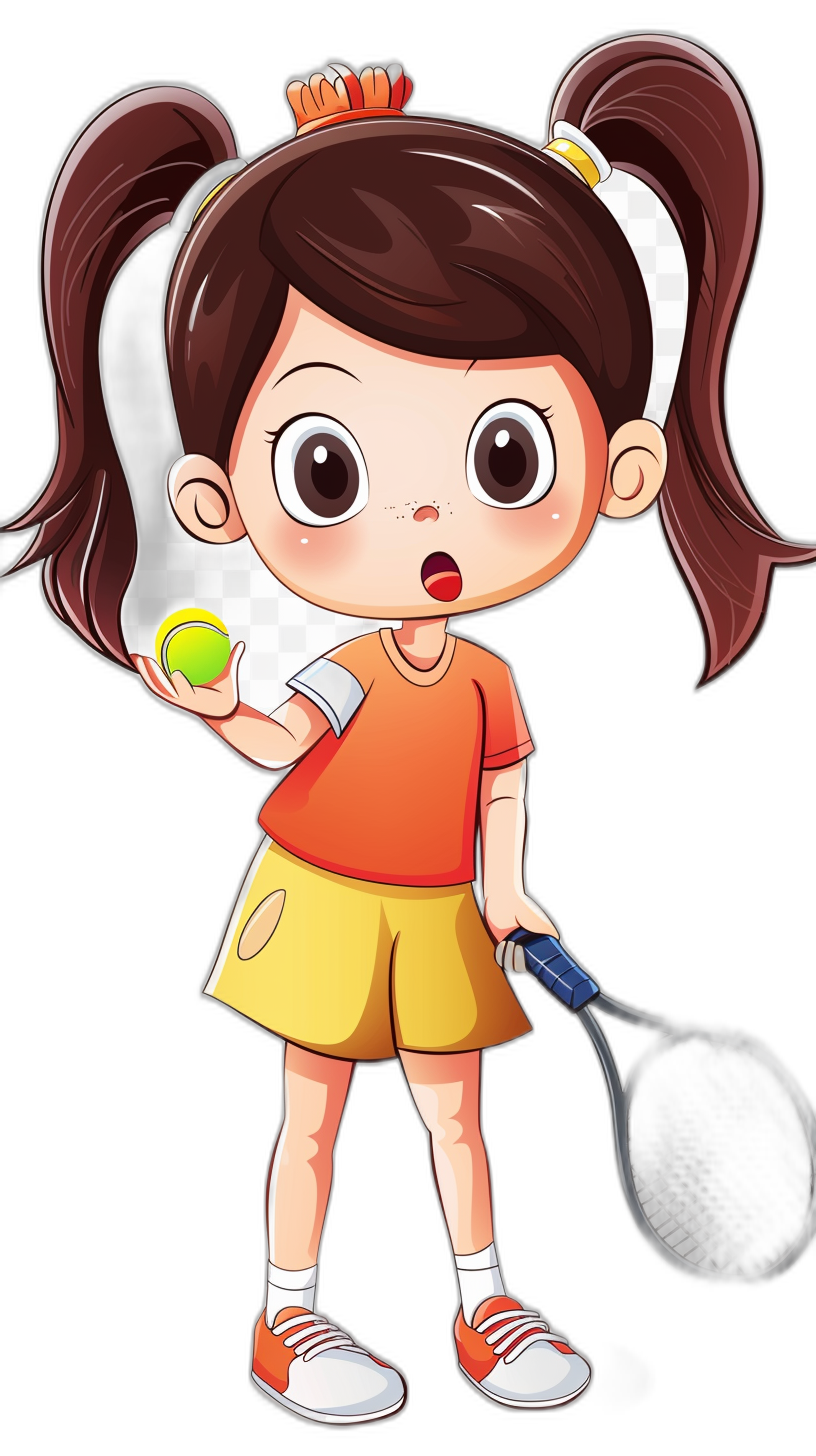 Cute little girl playing tennis in a simple chibi anime style on a solid black background. She is wearing an orange t-shirt and yellow shorts with white socks, holding a racket in her hand and looking surprised at a ball flying out of it. Her hair is tied back into two pigtails and she has big eyes in the cute cartoon character design. It is a high resolution, high detail, high quality vector illustration in the style of a cartoon character.