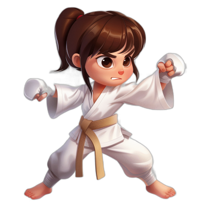 chibi style, cute girl with brown hair in a ponytail wearing a white karate gi doing a forward lunge kick pose, black background, white belt around her waist, full body shot, 2D game art, cute cartoonish designs in the style of 2D game art.