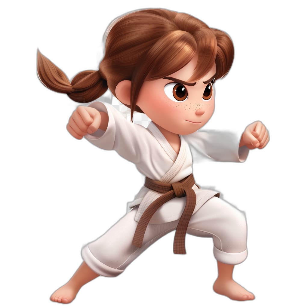 A cute little girl with brown hair in pigtails is doing karate, wearing white jiujitsu pants and a black belt, in the style of Pixar character design sheet, black background, 3D cartoon game art.