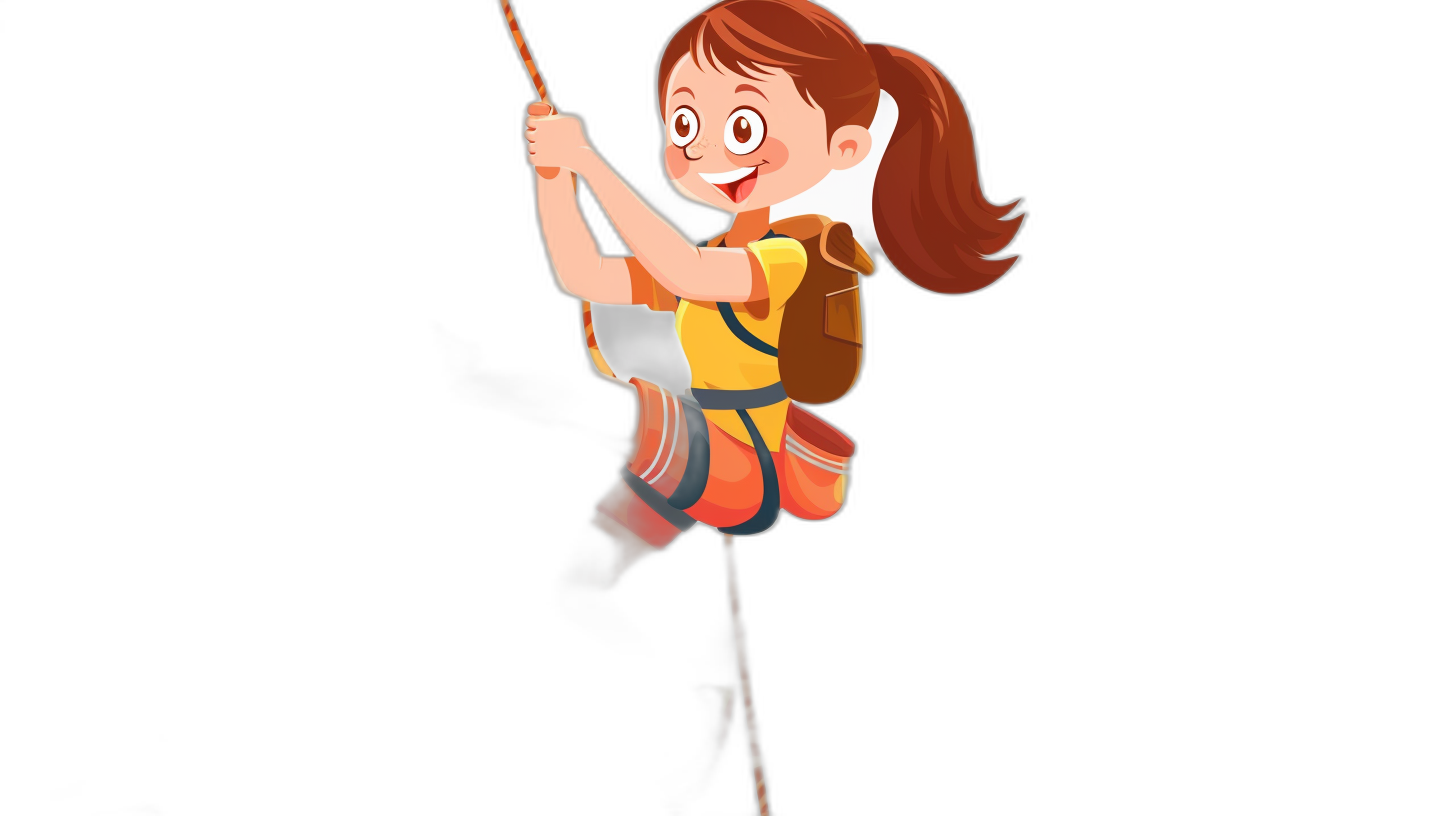 cartoon girl climbing rope, solid black background, in the style of Pixar.