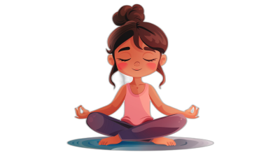 A cartoon girl is meditating in a vector illustration with a black background. The little woman has dark brown skin and her hair in an updo bun. She wears pink yoga . Her eyes are closed to emphasize the serenity of meditation. A small smile on her face conveys peace. She sits in lotus position cross-legged.