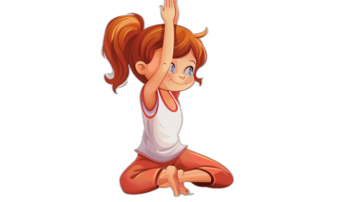 A little girl doing yoga, cartoon style, black background, cute illustration for children's book in the style of digital art. She is wearing red pants and white tank top with blue eyes and ginger hair tied back into pigtails. Her hands raised above her head she has one leg crossed over it as well. The other arm is extended straight up to perfect shape on her chest, her fingers reaching towards its tip. She smiles contentedly at herself. Full body shot.