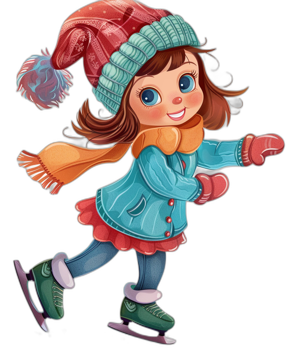 a cute little girl ice skating, clip art style, cartoon character, solid black background, borderless , in the shape of an icon for mobile game, she is wearing winter  and hat with pigtails hair, very happy expression on her face, large blue eyes, full body view, full length, very detailed, high resolution