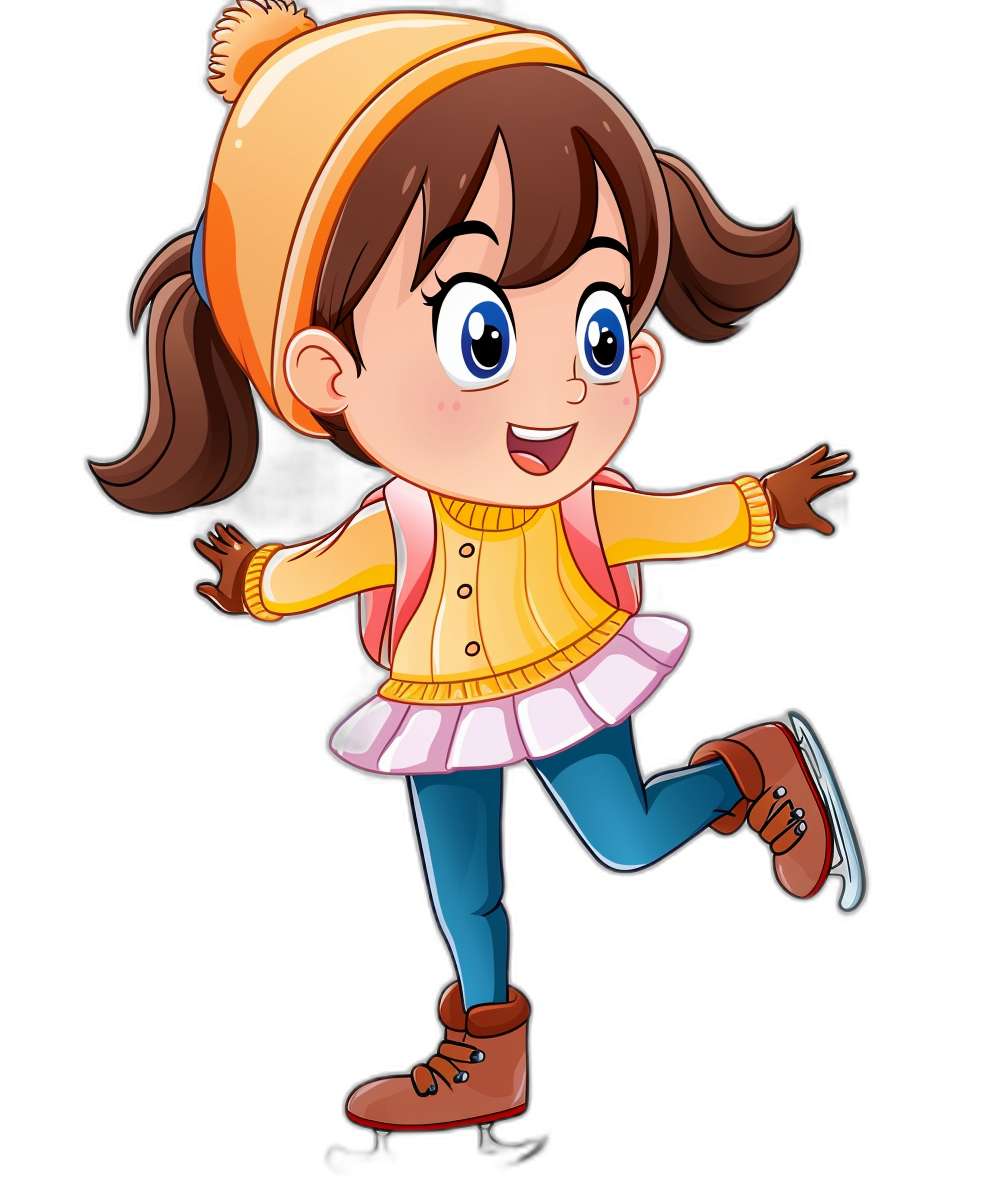 A cute girl is ice skating in a cartoon style, vector illustration with a black background. She has brown hair and blue eyes while wearing winter  and gloves on her hands. The figure should be depicted with a full body view, with the focus being on her happy expression while enjoying the activity of ice skating.