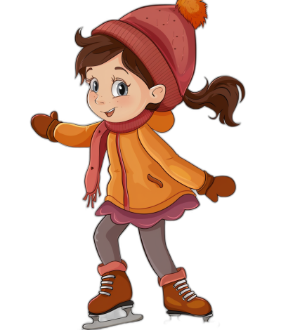 A cute cartoon girl ice skating in a clip art style with simple black background, wearing winter  and a hat in the style of simple color.