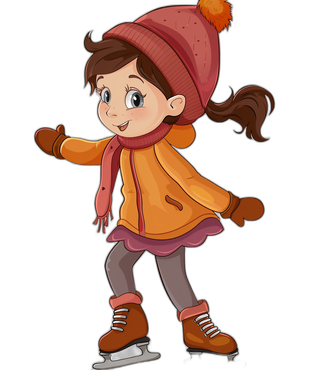 A cute cartoon girl ice skating in a clip art style with simple black background, wearing winter  and a hat in the style of simple color.