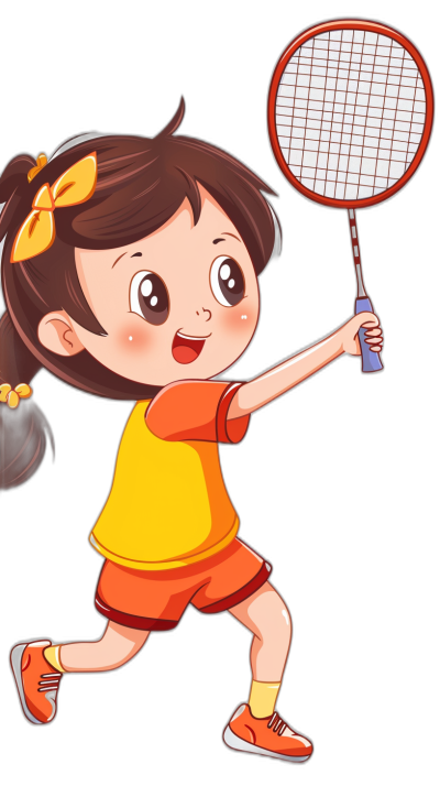 A cute little girl playing badminton in a vector illustration style with a simple stroke style on a black background. The cartoon character is depicted with simple details, bright colors, and high saturation from a medium and long shot perspective. She is shown in a running posture holding the racket in both hands with a smiling facial expression, wearing .