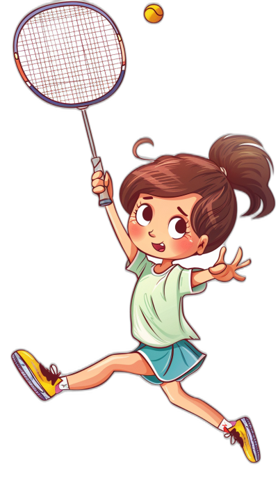 cartoon illustration of cute girl playing badminton, full body shot, vector art, black background, high resolution