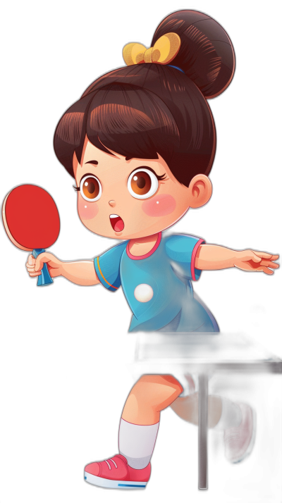 Cartoon style, a cute girl playing table tennis with a red paddle in hand, black background, full body shot, simple design, flat color blocks, vector illustration, chibi character design, a cute expression on her face, wearing a blue t-shirt and pink shoes, hair tied back, brown eyes, the red table with a glossy texture, bright colors, a lively scene.