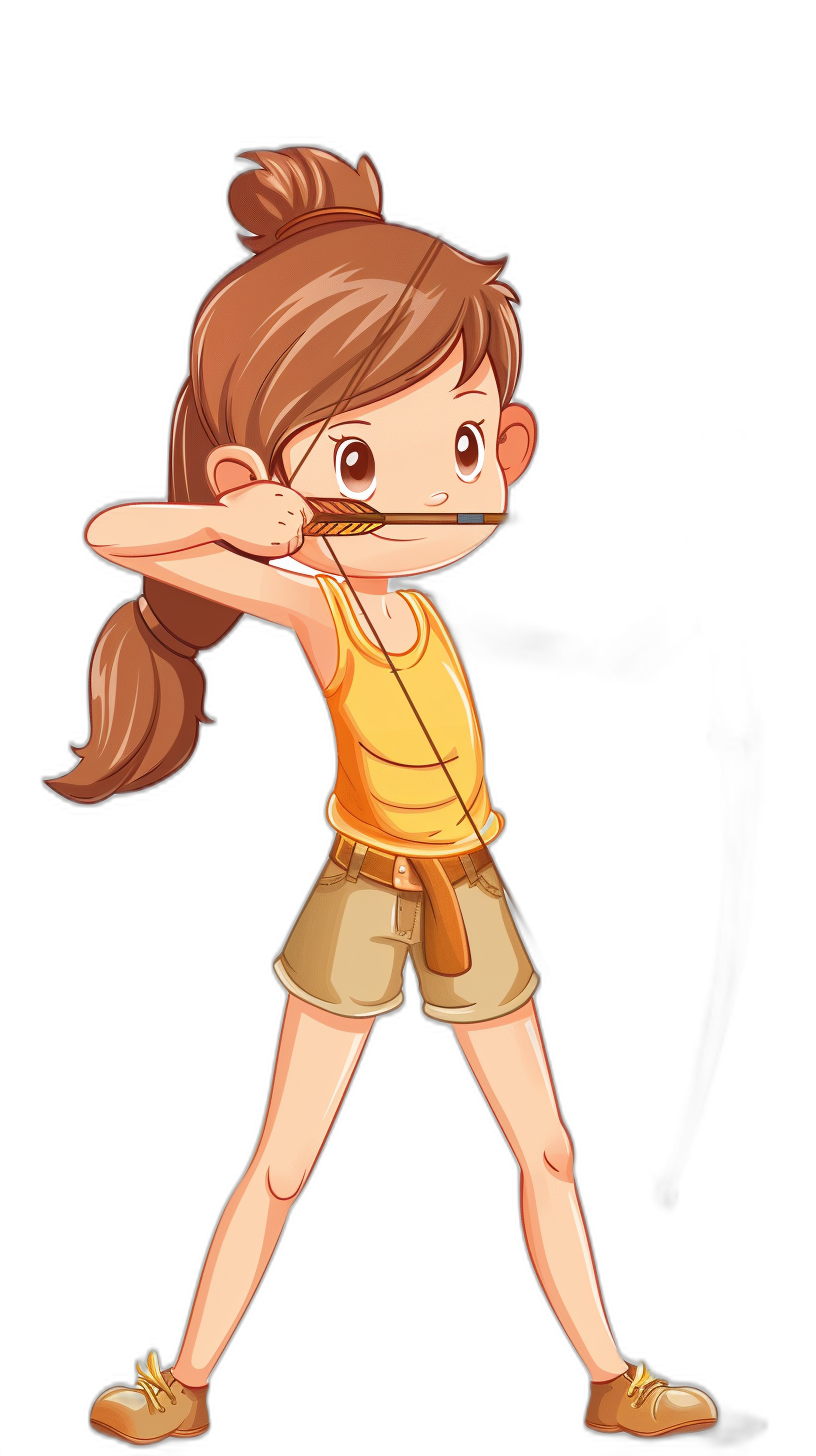 A cartoon girl is shooting arrows with an arrow and bow, wearing yellow short sleeves and khaki shorts. Her hair was tied in one ponytail, with brown eyes, big ears, full body portrait, pure black background, simple style, high-end color scheme, vector illustration, Q-version cute expression.,,,in