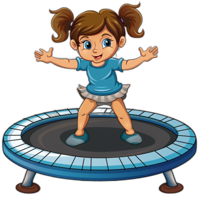 A cute cartoon girl with pigtails is standing on the trampoline, wearing blue short sleeves and white shorts, vector illustration style, black background, high quality details, cartoon style, high resolution, professional lighting and photography