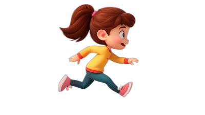 A cute girl running in the style of Pixar, simple and clean against a black background in .