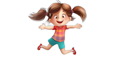 A cute little girl is jumping in the style of cartoon style with simple lines, colorful , on a black background with simple details, high quality, high resolution in the style of Pixar animation.