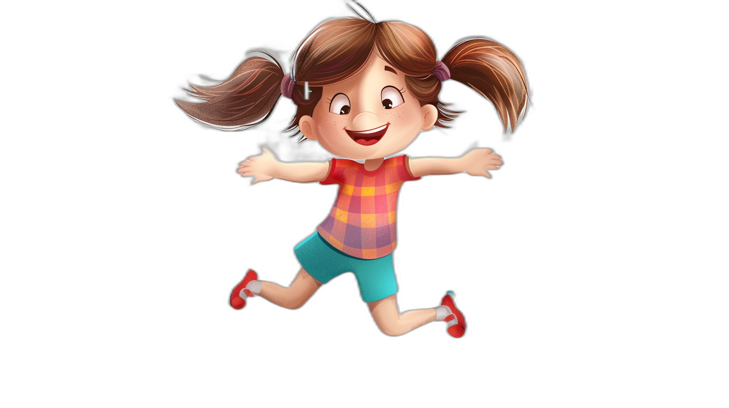 A cute little girl is jumping in the style of cartoon style with simple lines, colorful , on a black background with simple details, high quality, high resolution in the style of Pixar animation.