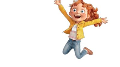 A happy young girl with ginger hair wearing jeans and a yellow jacket jumping in the air, in the style of Pixar cartoon character on a black background.