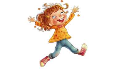 A cute little girl jumping in the air, with a happy facial expression, smiling, showing her full body, wearing a yellow and orange shirt with a dotted pattern on it, blue jeans pants, and pink shoes. The drawing is in the style of a cartoon, with simple lines and a solid black background. It is a high resolution image.