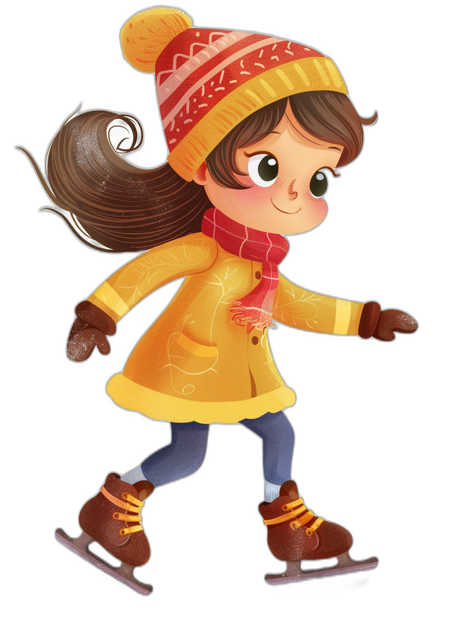 Cute girl skating, wearing a yellow coat and red hat with brown hair, in the clip art style, cartoon illustration, isolated on a black background, high quality.