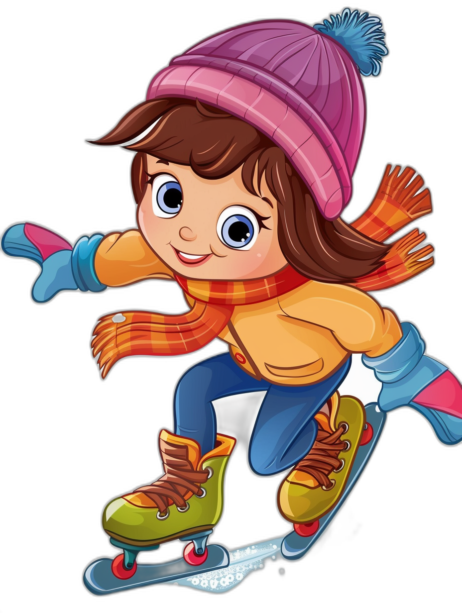 A cute cartoon girl is ice skating, wearing winter  and gloves on her hands. She has brown hair with bangs and blue eyes. She wears a pink hat adorned with two pigtails, dressed in orange pants and green boots. The background of the illustration should be pure black to highlight the character. The cartoon style uses vibrant colors.