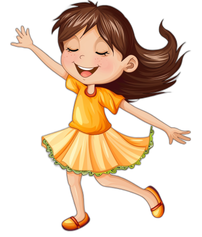 A cartoon girl wearing an orange short-sleeved dress and yellow shoes is dancing happily, smiling with her eyes closed. Her hair was combed back in the style of the wind from her dance. Isolated on a black background in a clip art style.