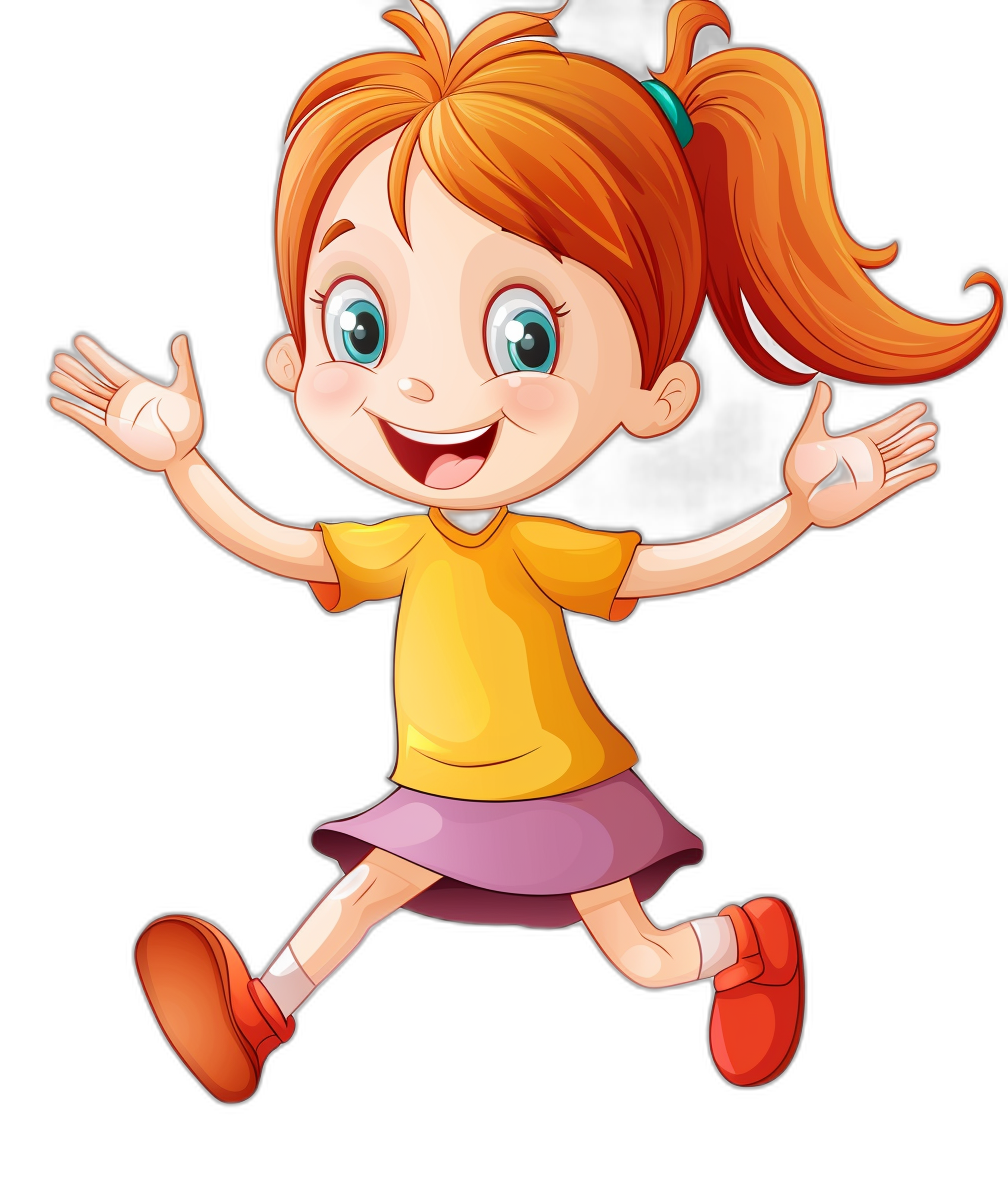 A happy cartoon girl jumping in the air, with red hair in pigtails wearing a yellow shirt and purple skirt on a black background, in the style of clip art.