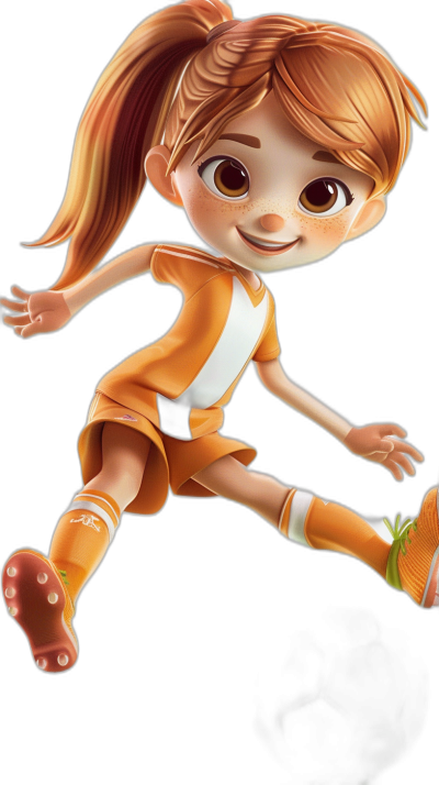 A cute little girl in an orange and white football uniform, in the Pixar style, as a Disney cartoon character, with her full body on a black background, with big eyes, brown hair in a ponytail braid, smiling face, and in a running pose. High definition details, high resolution, and sharp focus.